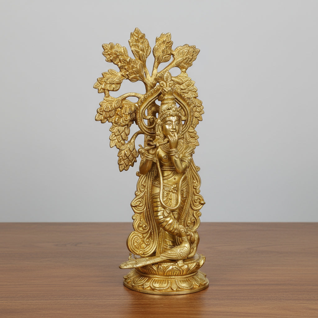 Brass Krishan Playing Flute with Peacock Under The Tree Statue/Idol/Gift/Home Decor/stue for Temple